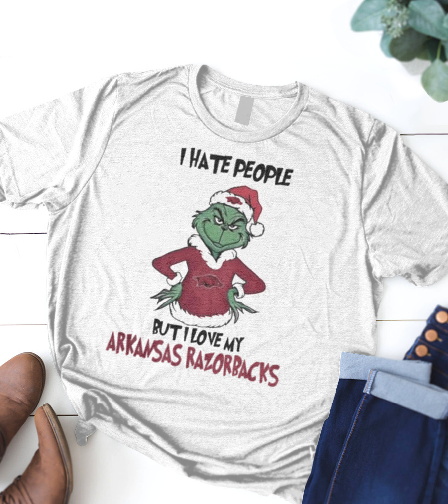 I Hate People But I Love My Arkansas Razorbacks Grinch Christmas T-Shirt