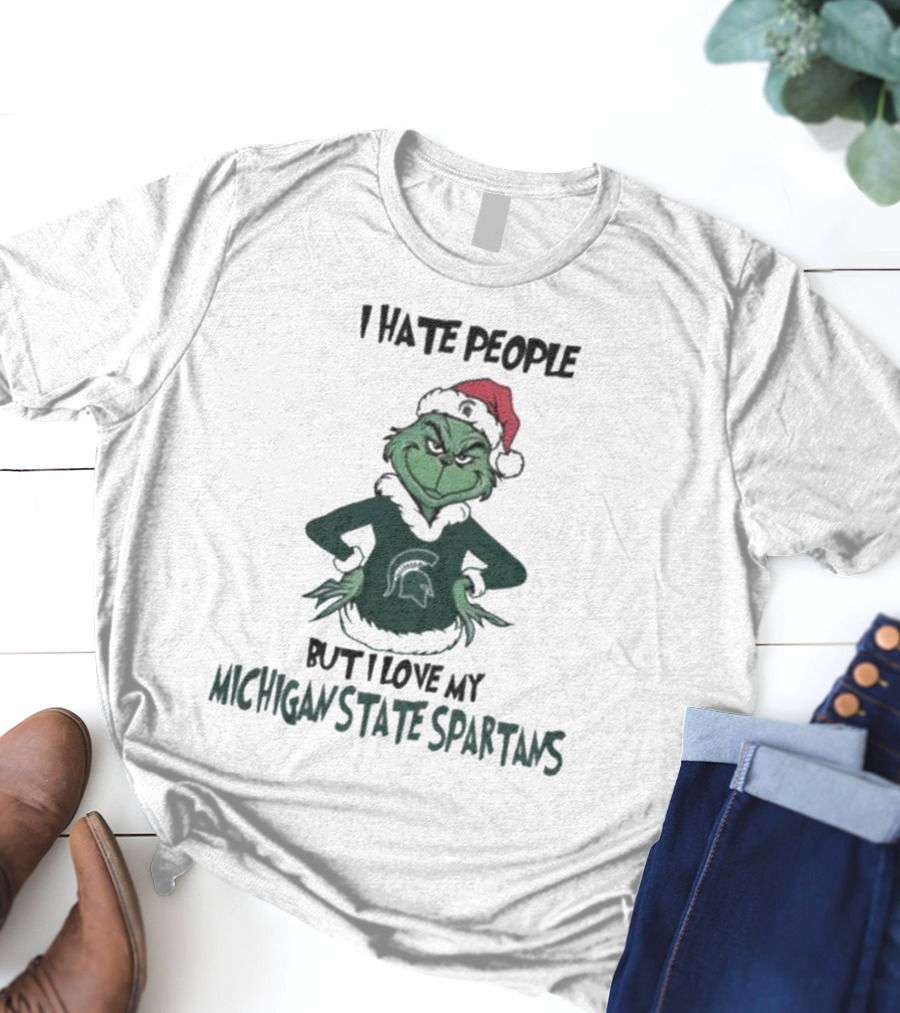 I Hate People But I Love My Michigan State Spartans Grinch Christmas Santa Hat T-Shirt