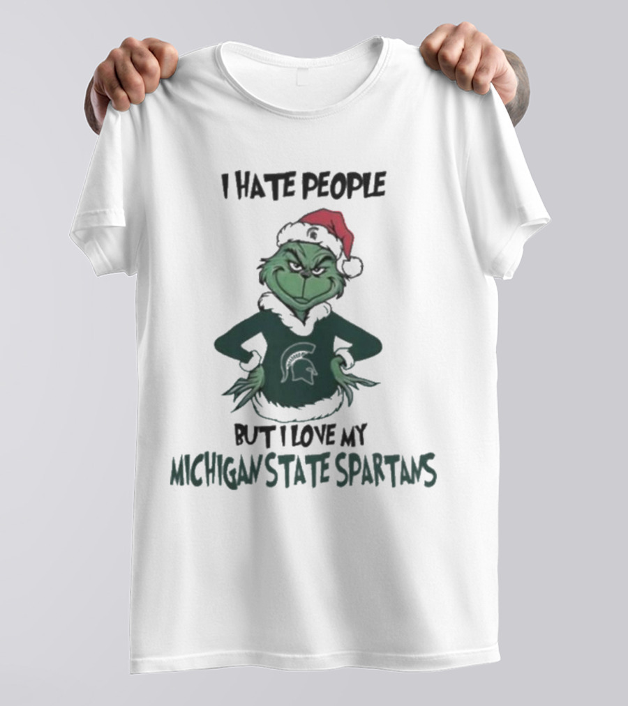 I Hate People But I Love My Michigan State Spartans Grinch Christmas Santa Hat T-Shirt