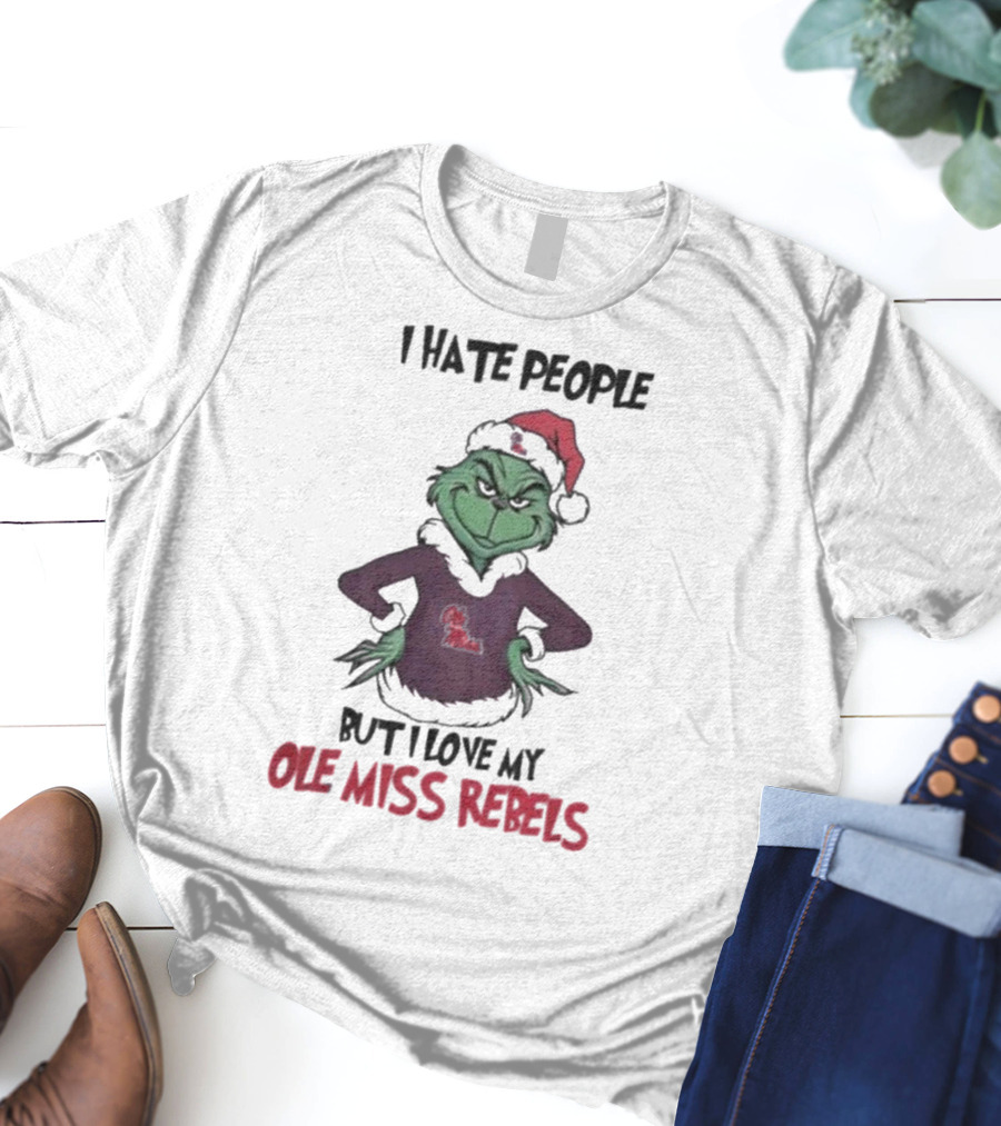I Hate People But I Love My Ole Miss Rebels Grinch Christmas Football Fan T-Shirt