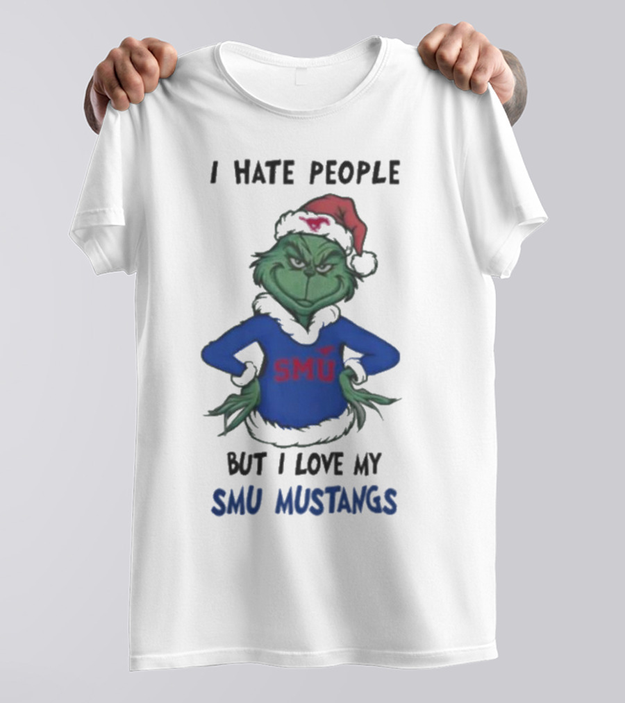 I Hate People But I Love My SMU Mustangs Grinch Santa Hat Christmas T-Shirt
