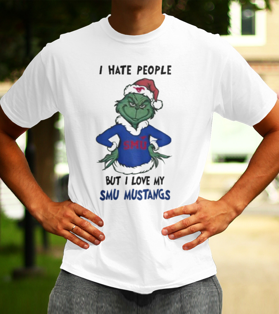 I Hate People But I Love My SMU Mustangs Grinch Santa Hat Christmas T-Shirt
