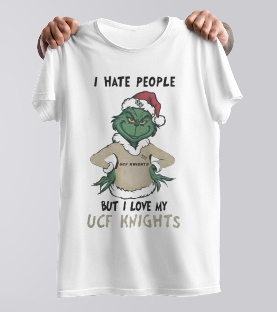 Grinch In Santa Hat I Hate People But I Love My UCF Knights Christmas T-Shirt