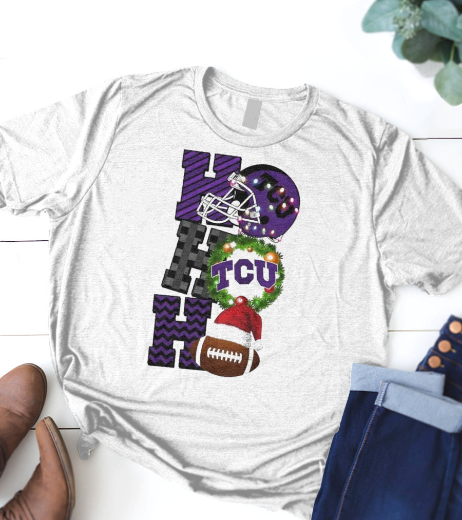TCU Horned Frogs Football Christmas Ho Ho Ho Helmet And Wreath Game Day T-Shirt