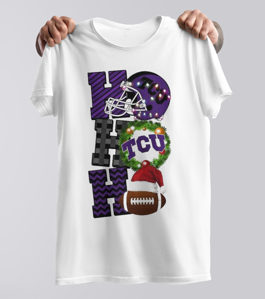 TCU Horned Frogs Football Christmas Ho Ho Ho Helmet And Wreath Game Day T-Shirt