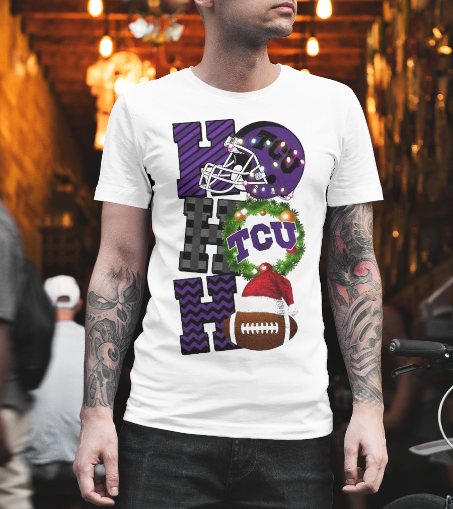TCU Horned Frogs Football Christmas Ho Ho Ho Helmet And Wreath Game Day T-Shirt