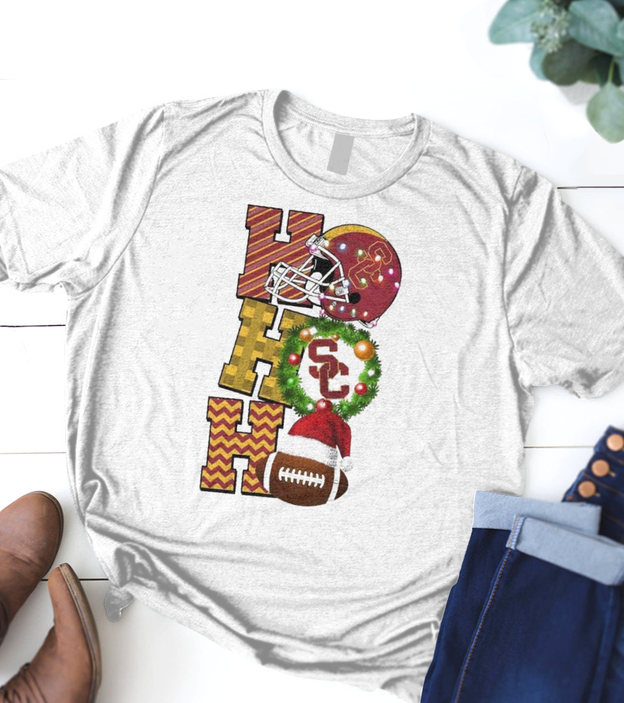USC Trojans Football Christmas Ho Ho Ho SC Festive Helmet Wreath Game Day T-Shirt