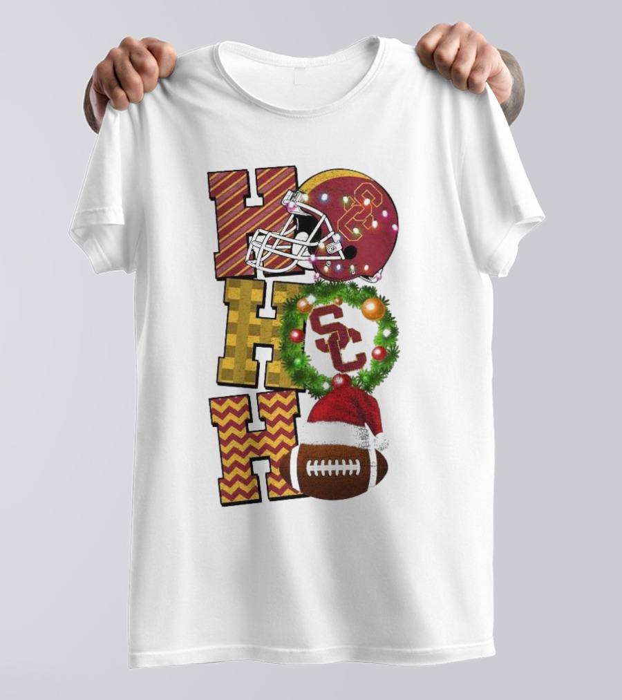 USC Trojans Football Christmas Ho Ho Ho SC Festive Helmet Wreath Game Day T-Shirt