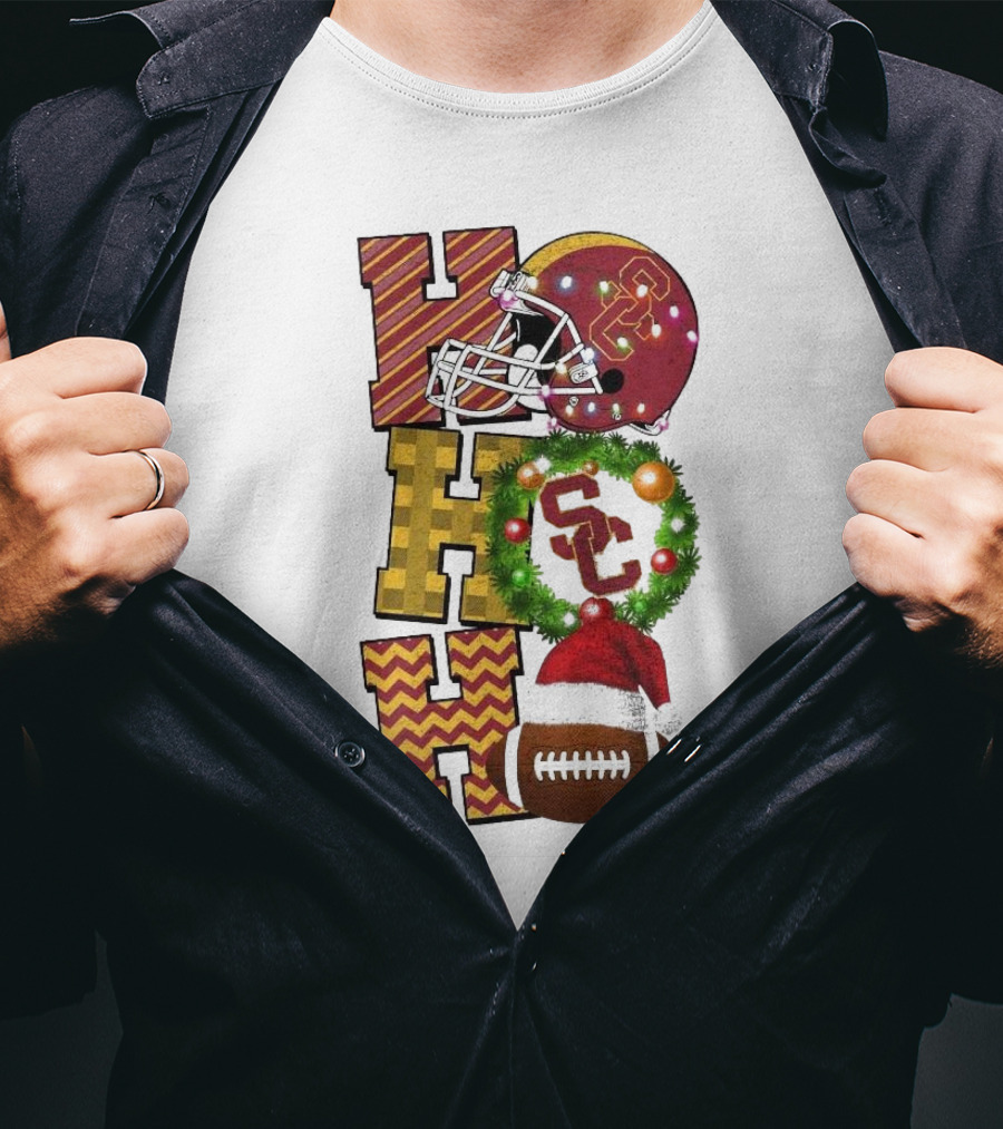 USC Trojans Football Christmas Ho Ho Ho SC Festive Helmet Wreath Game Day T-Shirt