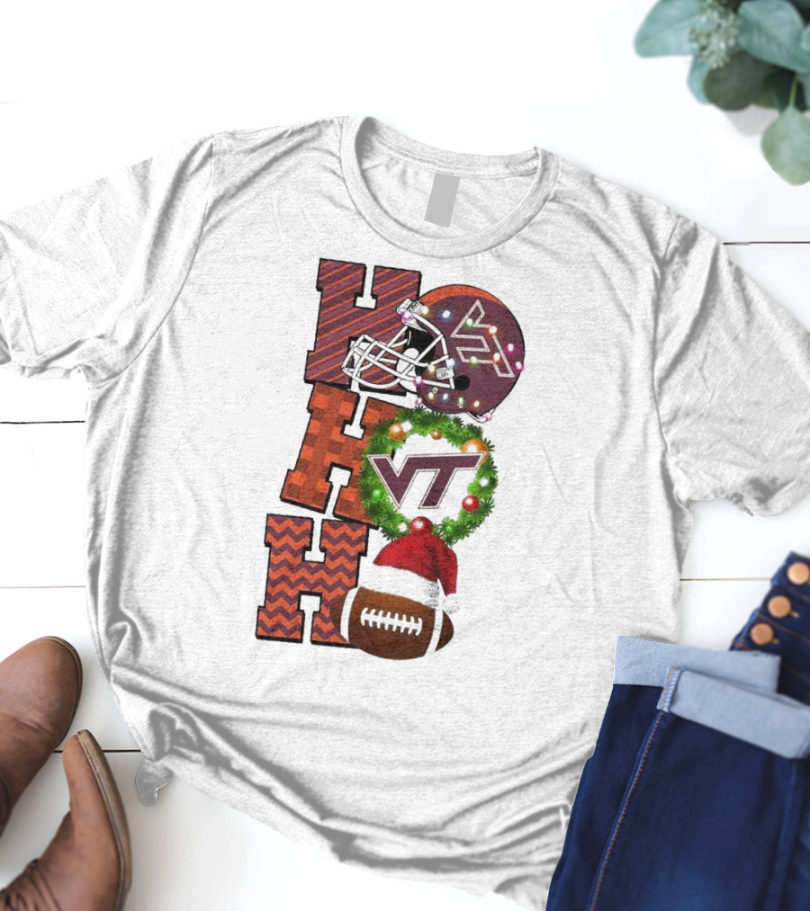 Virginia Tech Hokies Football Christmas Ho Ho Ho VT Helmet Wreath Game Day T-Shirt