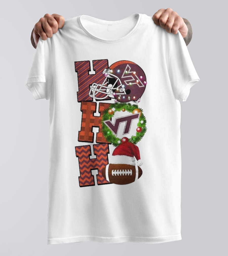 Virginia Tech Hokies Football Christmas Ho Ho Ho VT Helmet Wreath Game Day T-Shirt