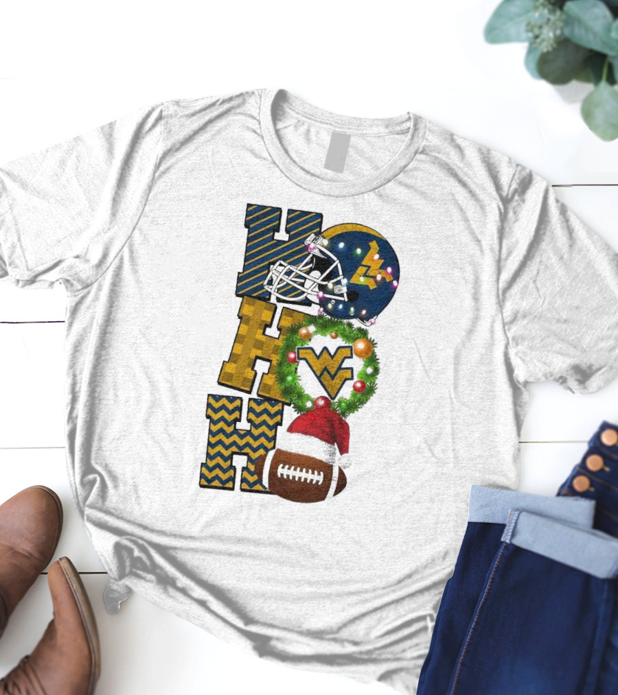 West Virginia Mountaineers Football Christmas Ho Ho Ho Helmet Wreath Santa Hat Game Day T-Shirt