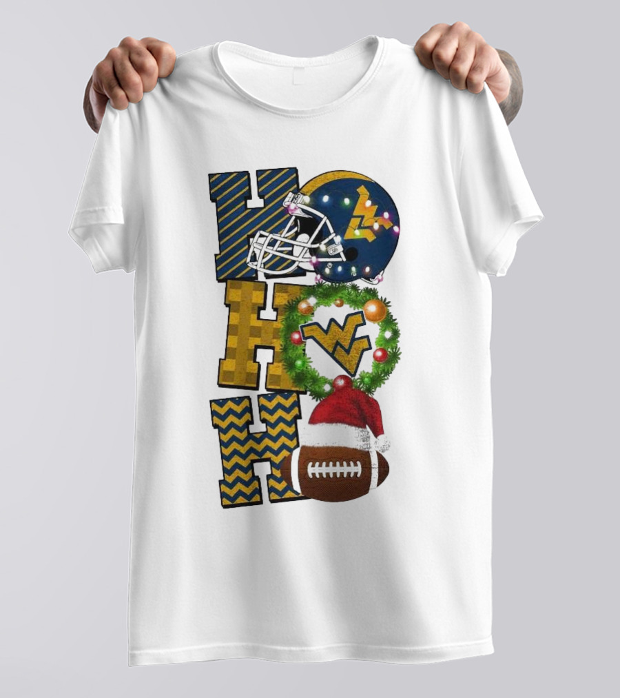 West Virginia Mountaineers Football Christmas Ho Ho Ho Helmet Wreath Santa Hat Game Day T-Shirt
