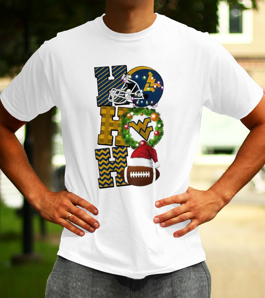 West Virginia Mountaineers Football Christmas Ho Ho Ho Helmet Wreath Santa Hat Game Day T-Shirt