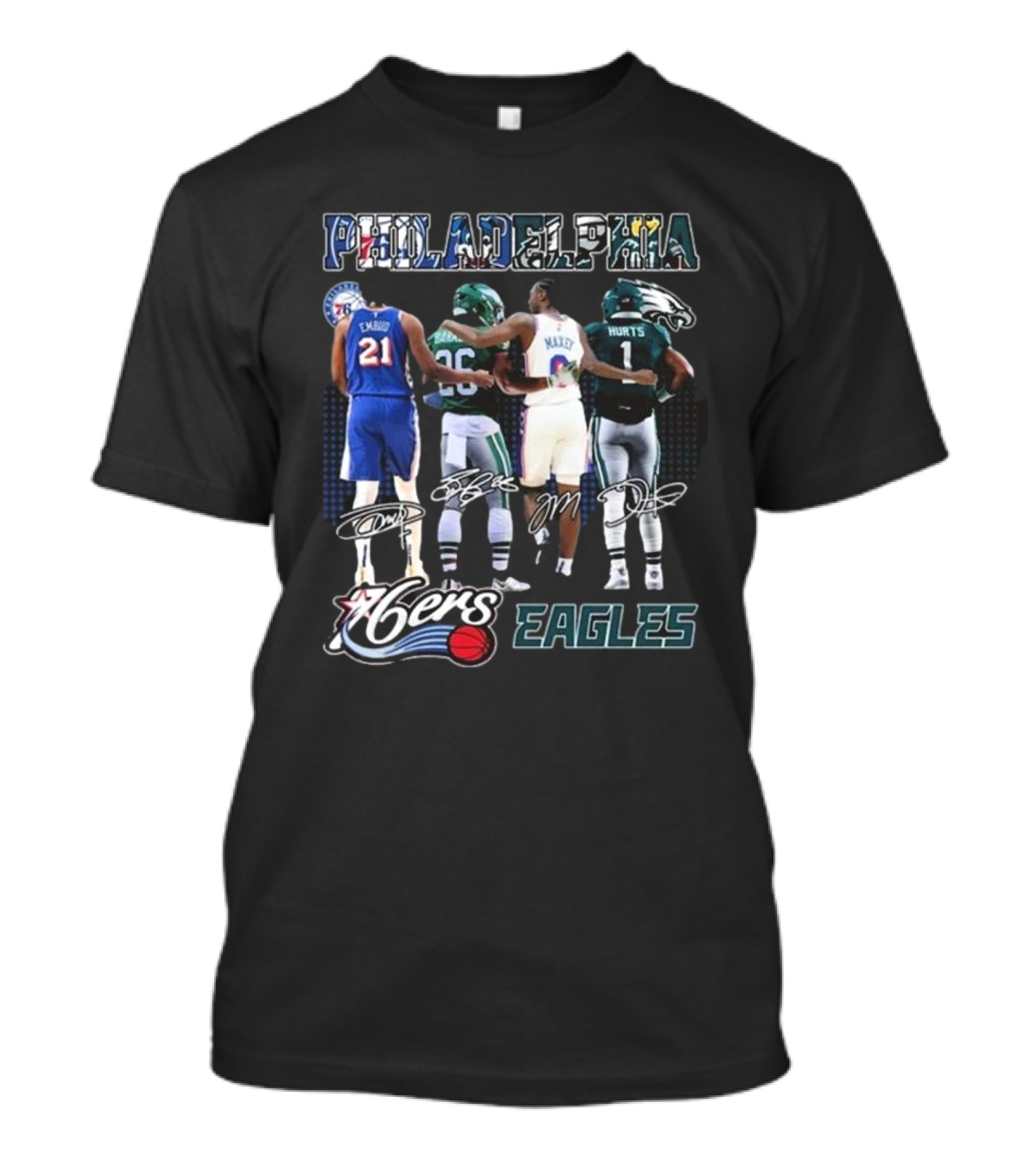 Philadelphia 76ers Joel Embiid And Philadelphia Eagles Sanders Hurts Collaborative Signature T-Shirt