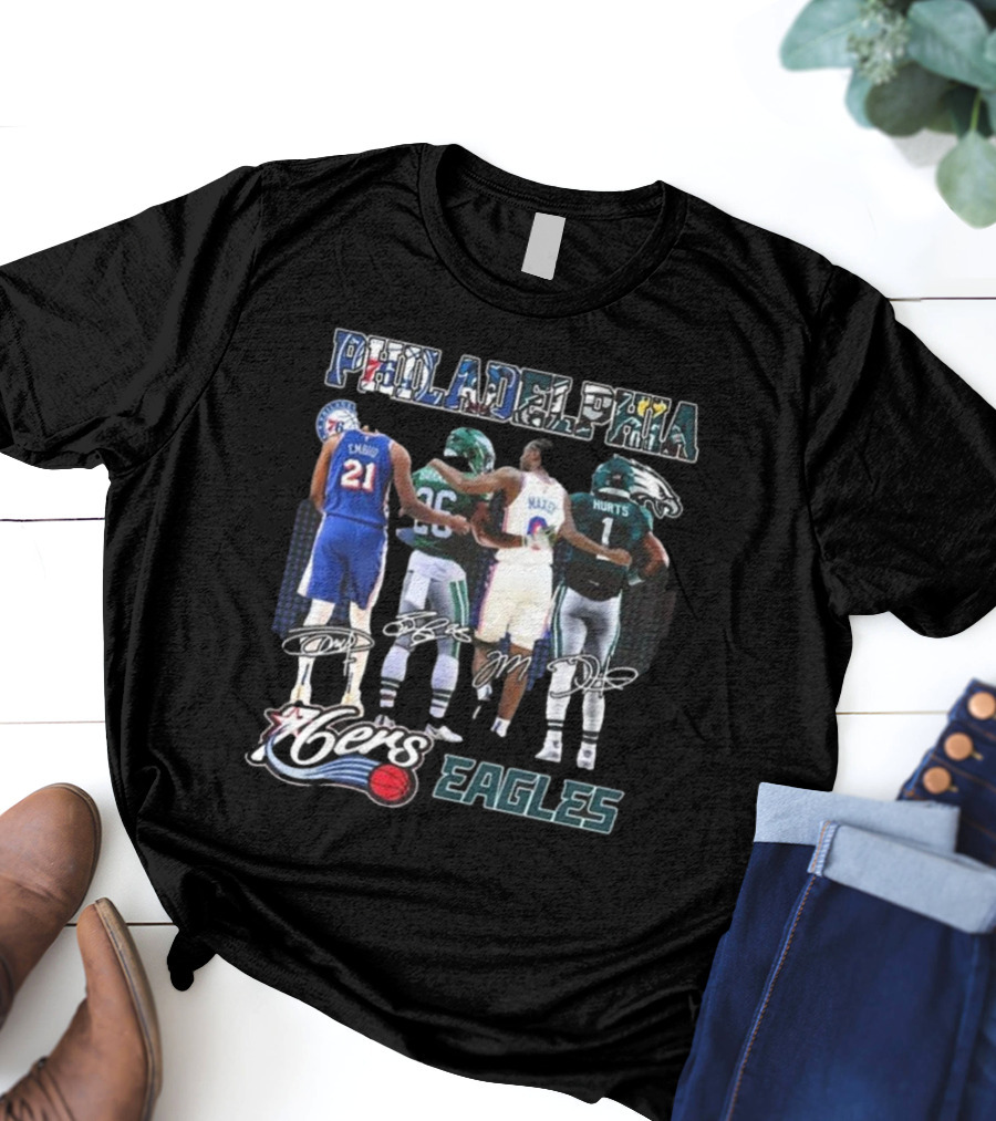 Philadelphia 76ers Joel Embiid And Philadelphia Eagles Sanders Hurts Collaborative Signature T-Shirt