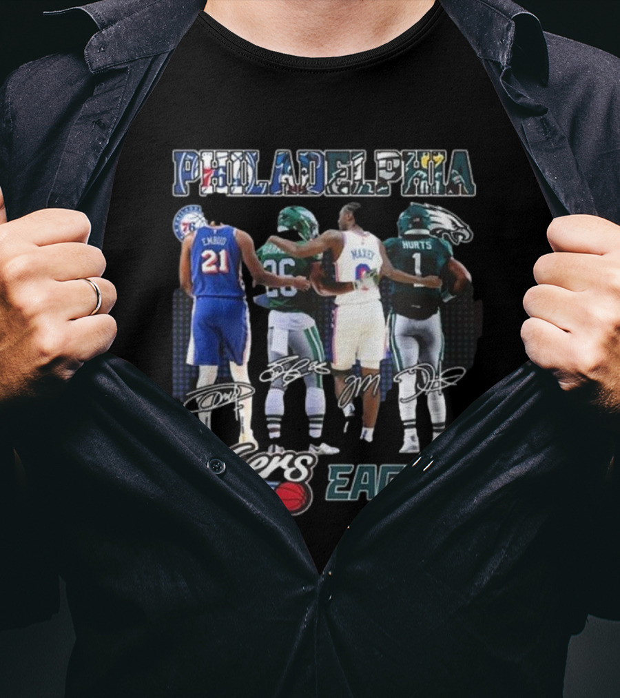Philadelphia 76ers Joel Embiid And Philadelphia Eagles Sanders Hurts Collaborative Signature T-Shirt