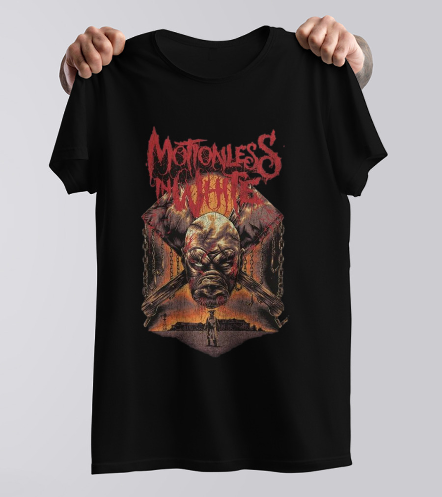 Motionless In White Slaughterhouse Horror Mask Chains Crossed Axes T-Shirt