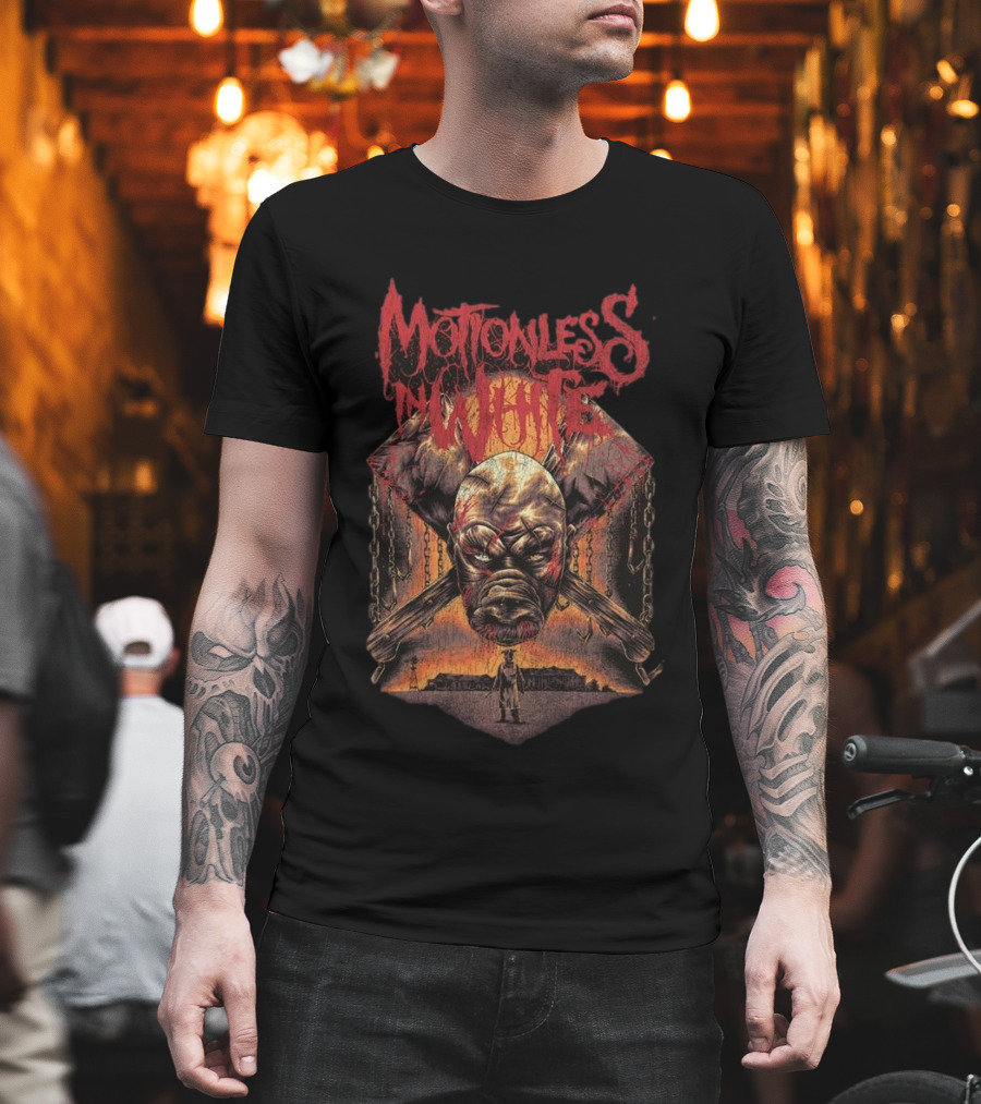 Motionless In White Slaughterhouse Horror Mask Chains Crossed Axes T-Shirt