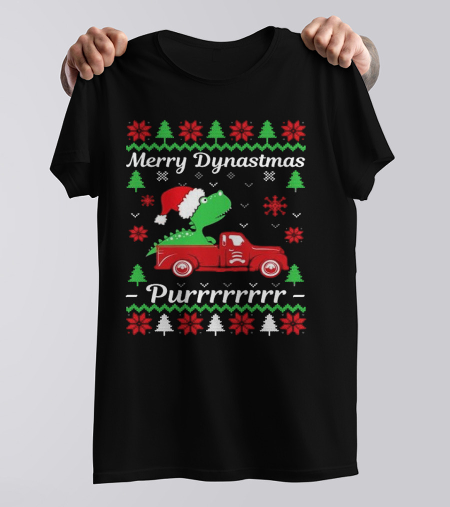 Merry Dynastmas Dinosaur Santa Hat Red Truck Ugly Christmas Purrrrrrrr T-Shirt