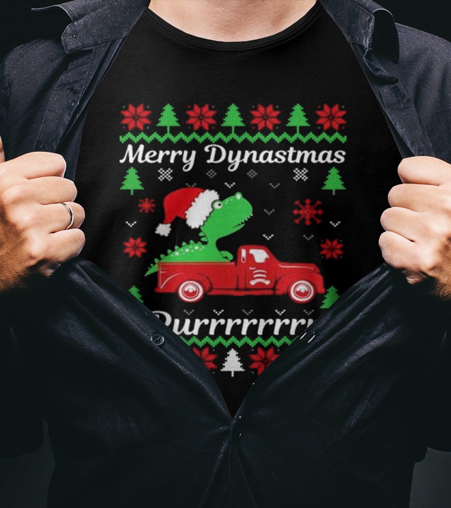 Merry Dynastmas Dinosaur Santa Hat Red Truck Ugly Christmas Purrrrrrrr T-Shirt
