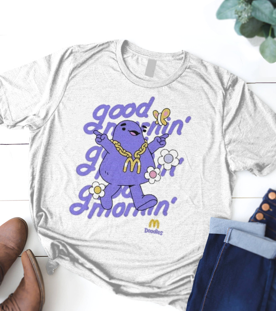 Good Mornin’ Grimace Doodles McDonald’s Butterfly Flowers T-Shirt