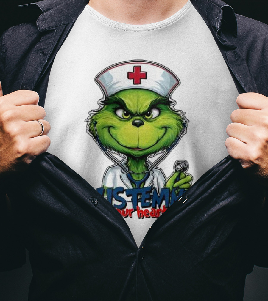 Listening To Your Heart Grow Merry Christmas Grinch Nurse Stethoscope T-Shirt