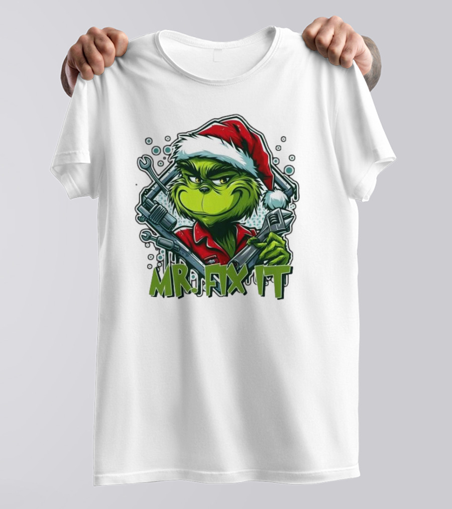 Mr. Fix It Grinch Merry Christmas Santa Hat Wrench Holiday T-Shirt