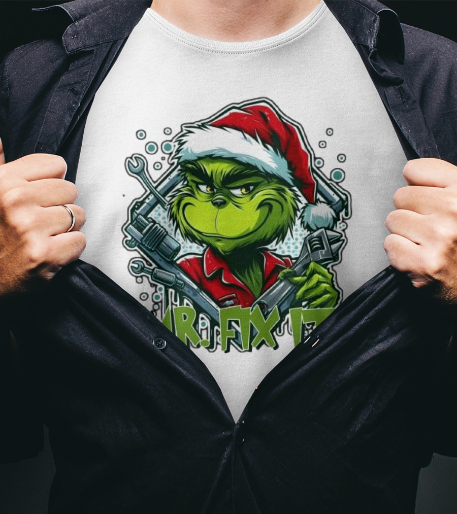 Mr. Fix It Grinch Merry Christmas Santa Hat Wrench Holiday T-Shirt
