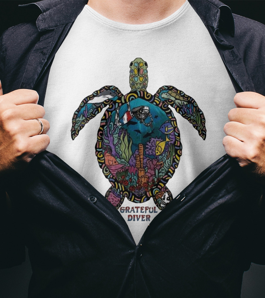 Grateful Diver Psychedelic Turtle Underwater Exploration UV T-Shirt