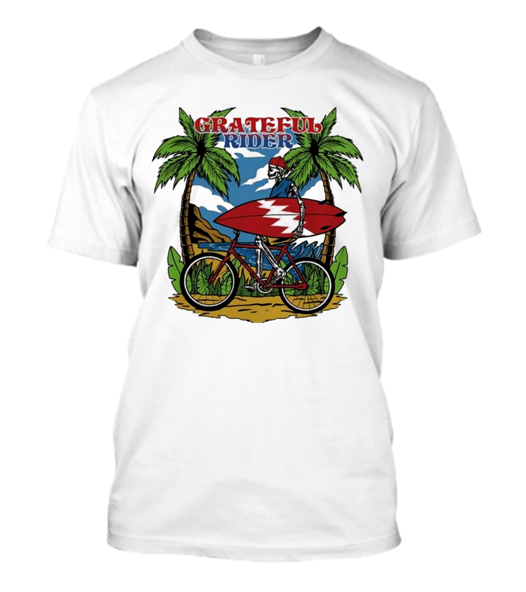 Grateful Rider Skeleton Beach Cruiser With Surfboard And Palm Trees T-Shirt
