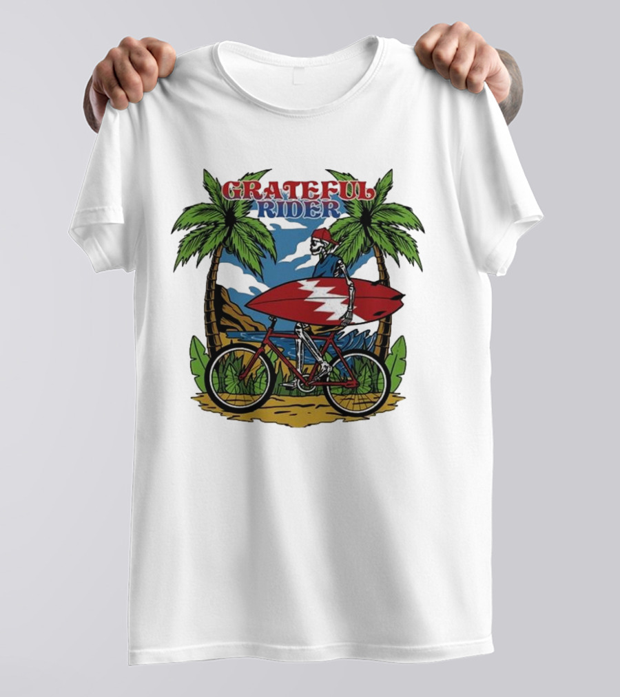 Grateful Rider Skeleton Beach Cruiser With Surfboard And Palm Trees T-Shirt