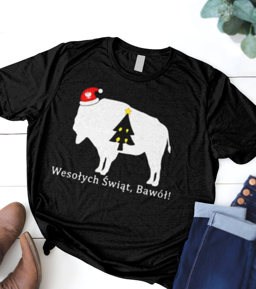 Merry Christmas Buffalo Wesolych Swiat Bawol Santa Hat Christmas Tree T-Shirt