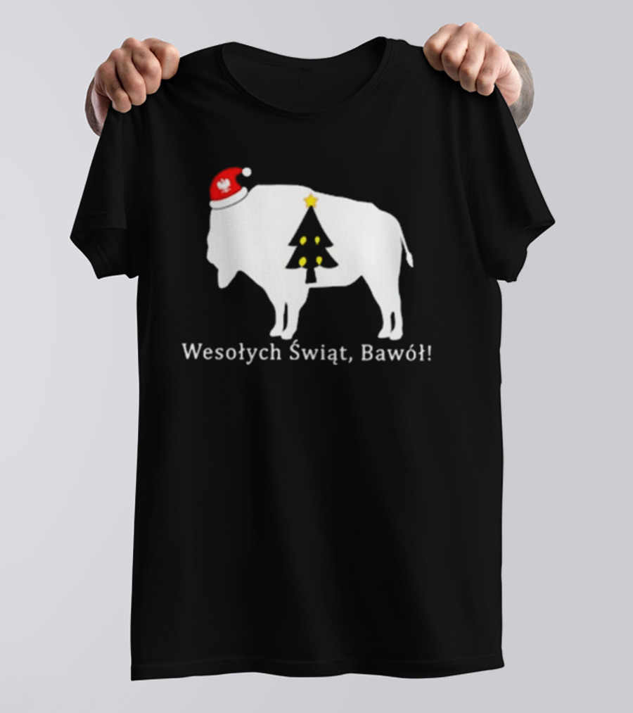 Merry Christmas Buffalo Wesolych Swiat Bawol Santa Hat Christmas Tree T-Shirt