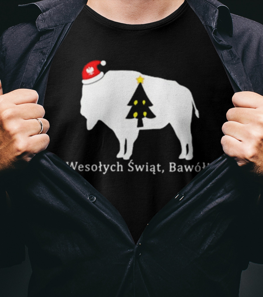 Merry Christmas Buffalo Wesolych Swiat Bawol Santa Hat Christmas Tree T-Shirt