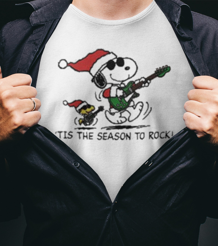 Peanuts Snoopy And Woodstock Christmas Tis The Season To Rock Santa Hat Guitar T-Shirt