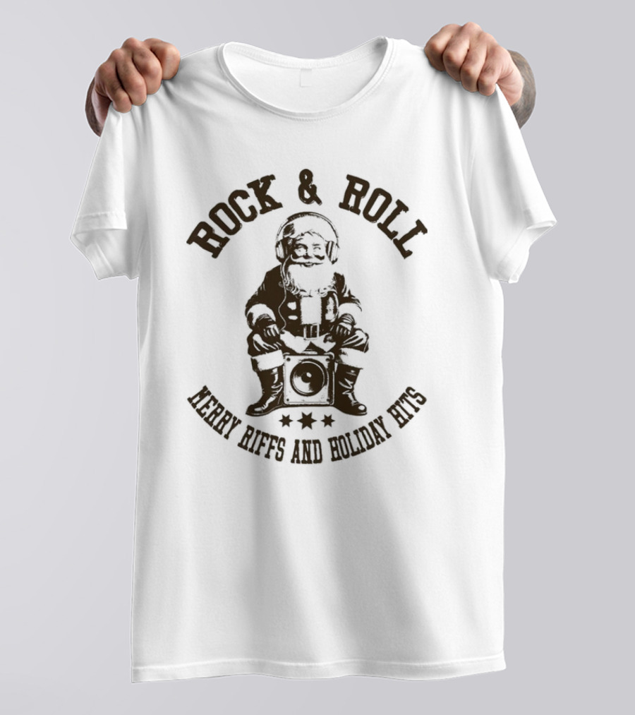 Rock And Roll Merry Riffs And Holiday Hits Santa Listening To Music T-Shirt