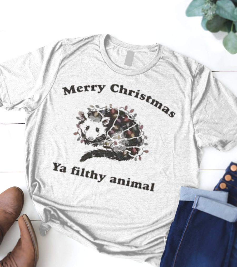 Merry Christmas Ya Filthy Animal Opossum With Christmas Lights T-Shirt