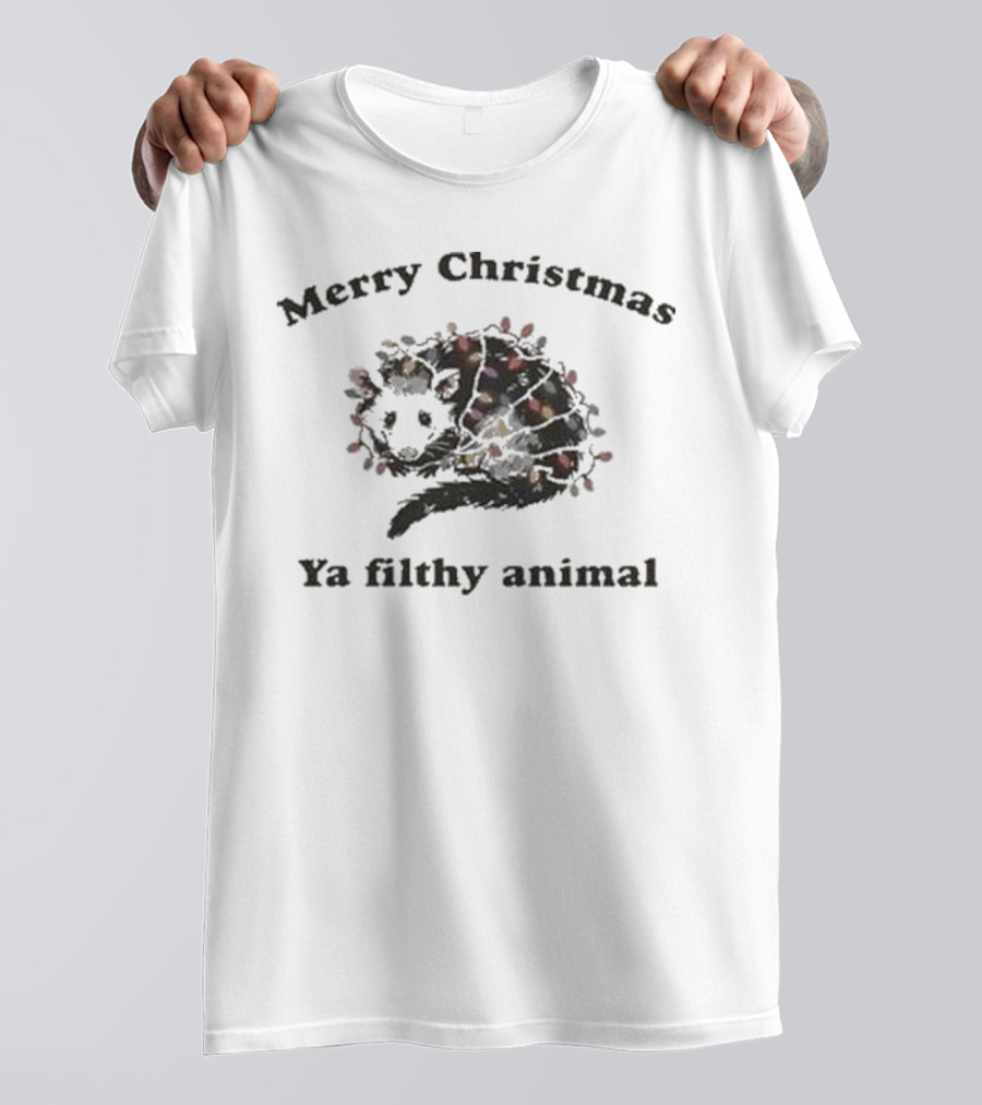 Merry Christmas Ya Filthy Animal Opossum With Christmas Lights T-Shirt