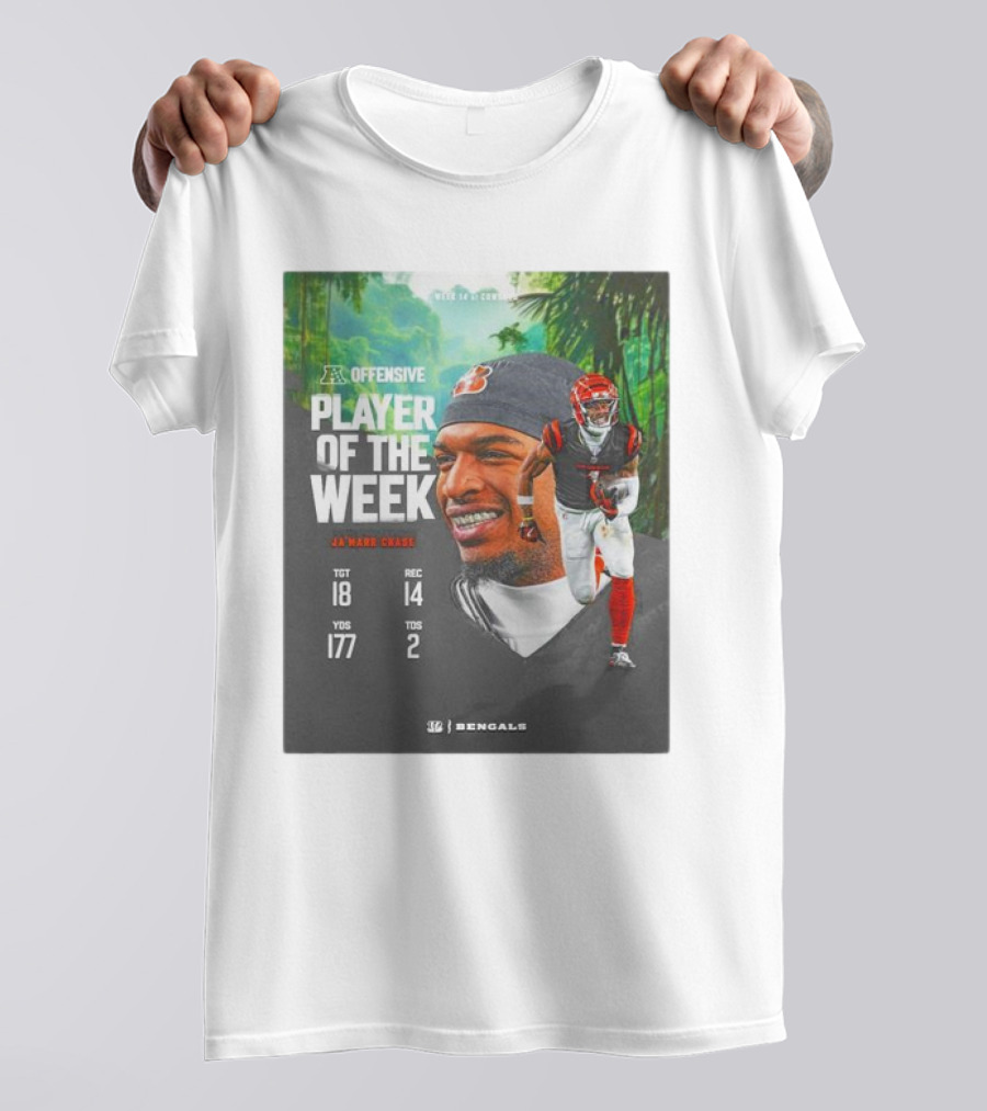 Ja’Marr Chase Cincinnati Bengals AFC Offensive Player Of The Week TGT 18 REC 14 YDS 177 TDS 2 Bengals T-Shirt