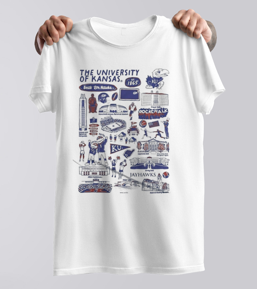 The University Of Kansas Est 1865 Beak 'Em Hawks Rock Chalk Jayhawks Allen Fieldhouse Memorial Stadium Jayhawk Blvd KU Icons And Sports T-Shirt
