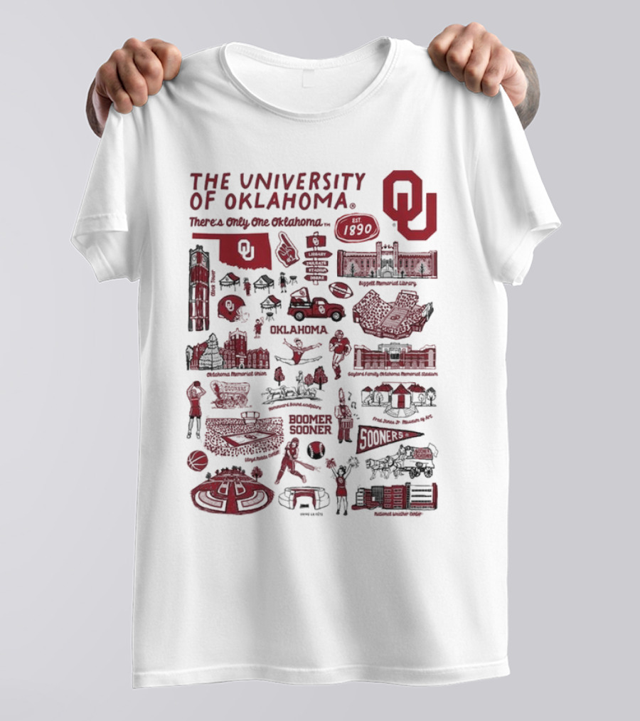 The University Of Oklahoma There's Only One Oklahoma Est 1890 OU Boomer Sooner Landmarks And Traditions T-Shirt
