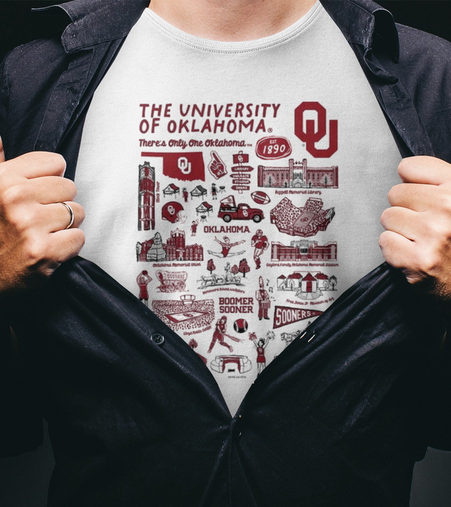 The University Of Oklahoma There's Only One Oklahoma Est 1890 OU Boomer Sooner Landmarks And Traditions T-Shirt