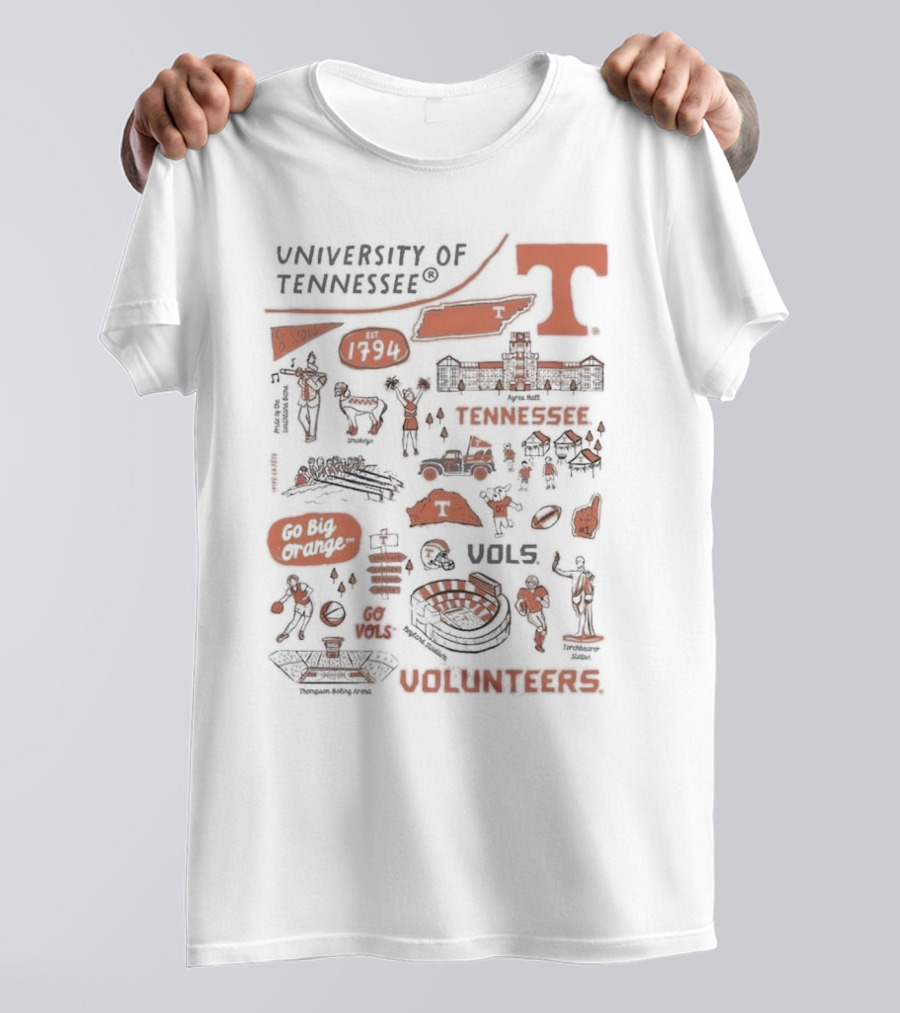 University Of Tennessee Go Big Orange Vols Volunteers Est 1794 Neyland Stadium Thompson Boiling Arena Knox County T-Shirt