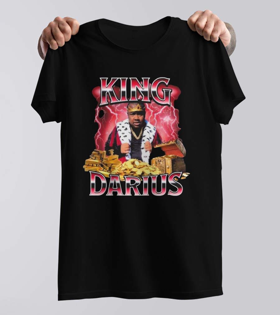 King Darius Royal Gold Treasure With Crown And Lightning Background T-Shirt