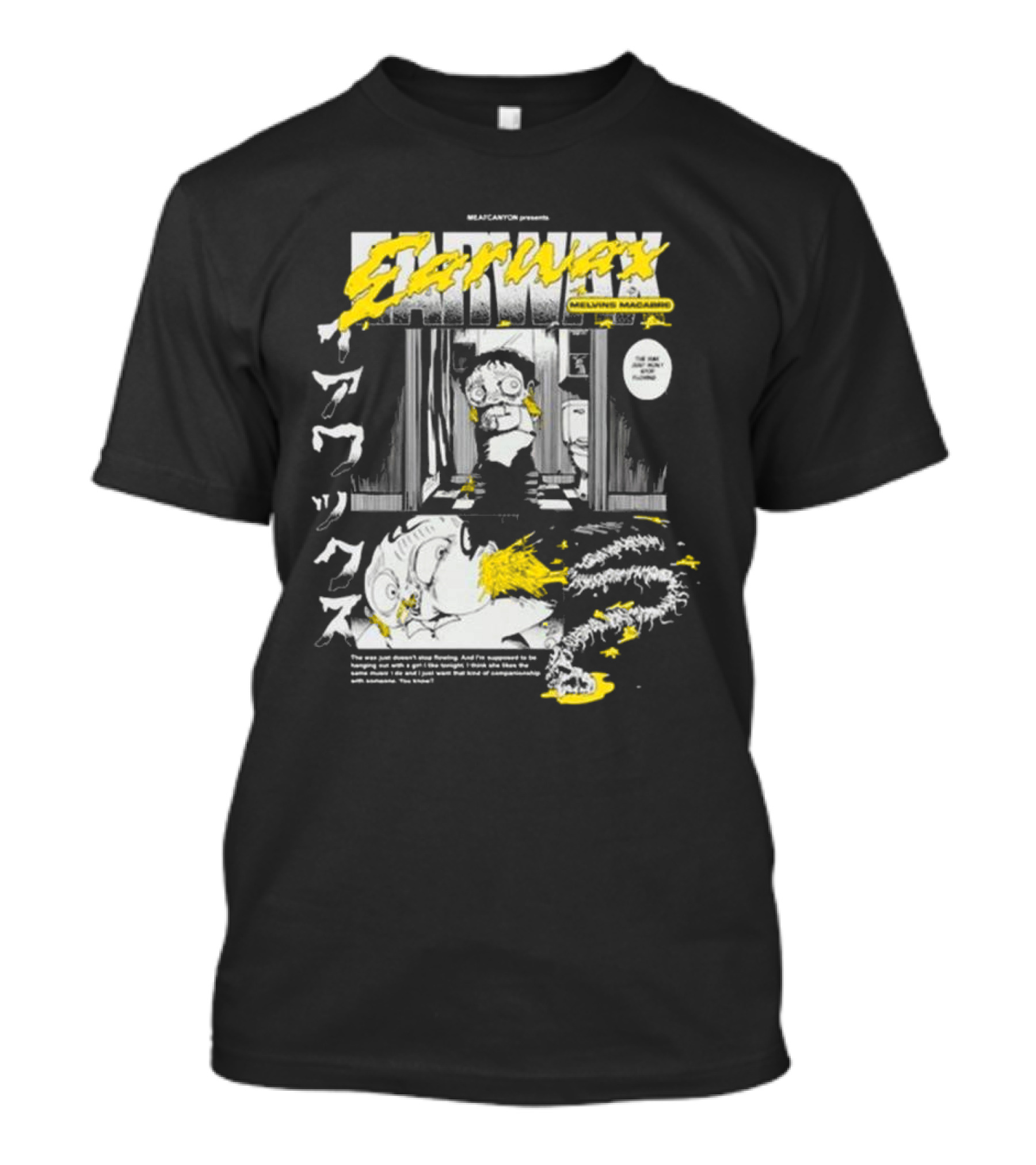 MEATCANYON Presents Earwax Melvin's Macabre Manga Comic Creepy Yellow Text Character Panels T-Shirt
