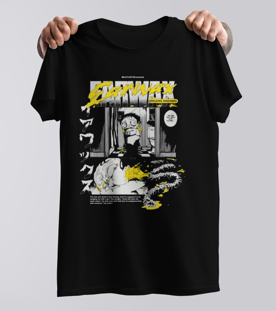 MEATCANYON Presents Earwax Melvin's Macabre Manga Comic Creepy Yellow Text Character Panels T-Shirt