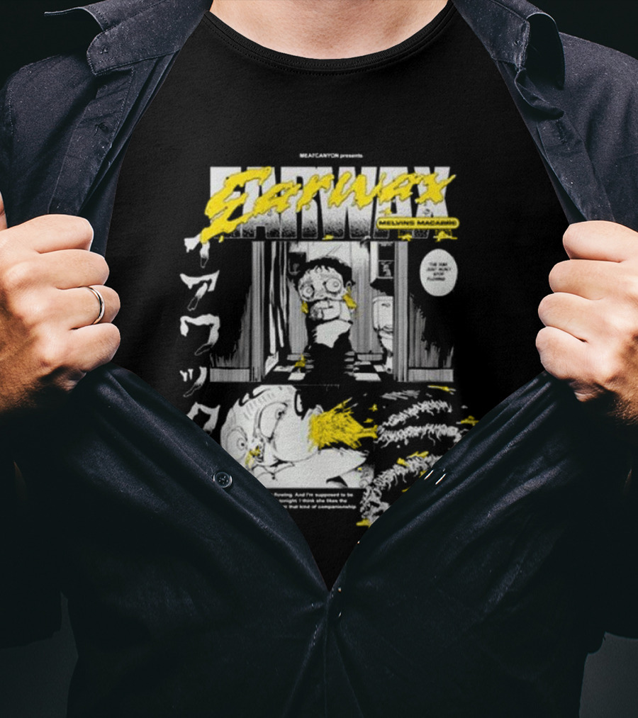 MEATCANYON Presents Earwax Melvin's Macabre Manga Comic Creepy Yellow Text Character Panels T-Shirt