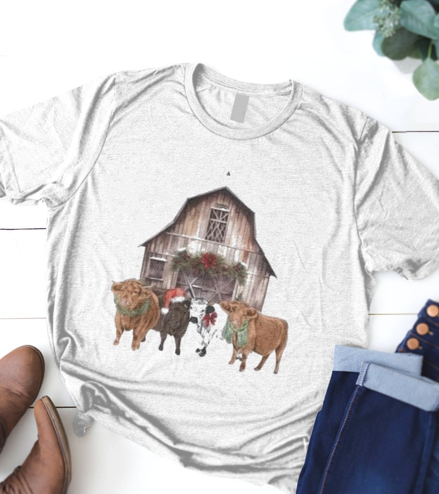 Katie Van Slyke Christmas Cows Barn Holiday Scene By Katie Van Slyke T-Shirt