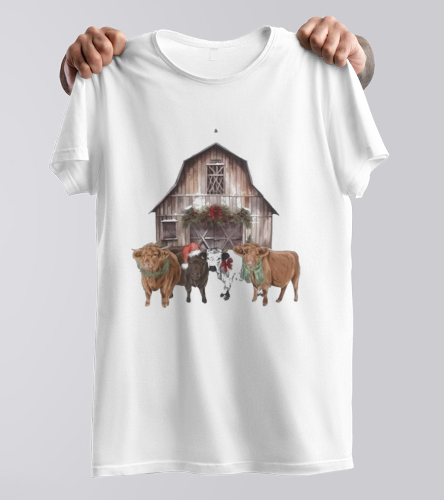 Katie Van Slyke Christmas Cows Barn Holiday Scene By Katie Van Slyke T-Shirt